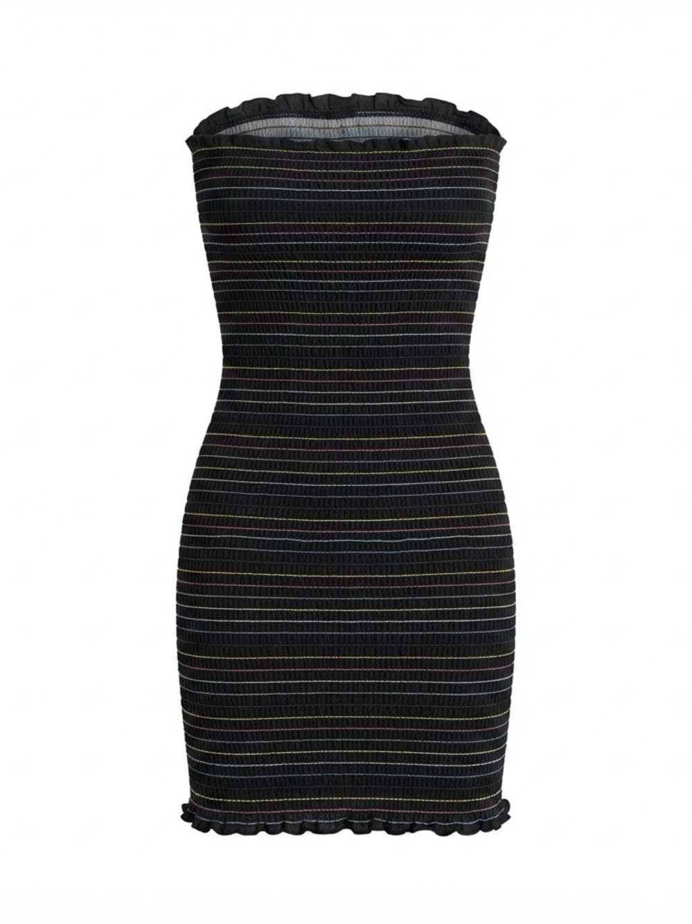 Forever 21 Black Strapless Ribbed Bodycon Dress with Subtle Multi-Color Stripes